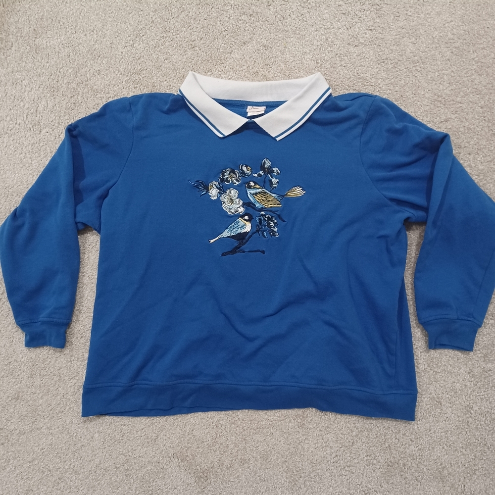 Vintage Collared  Embroidered Bird Adrian Delafield Grandpa Style Sweater Size L